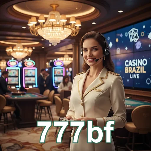 Atendente do cassino ao vivo no 777bf com jogos ao fundo.