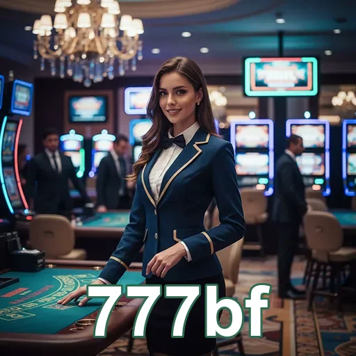 Dealer profissional em cassino da 777bf com slots ao fundo.
